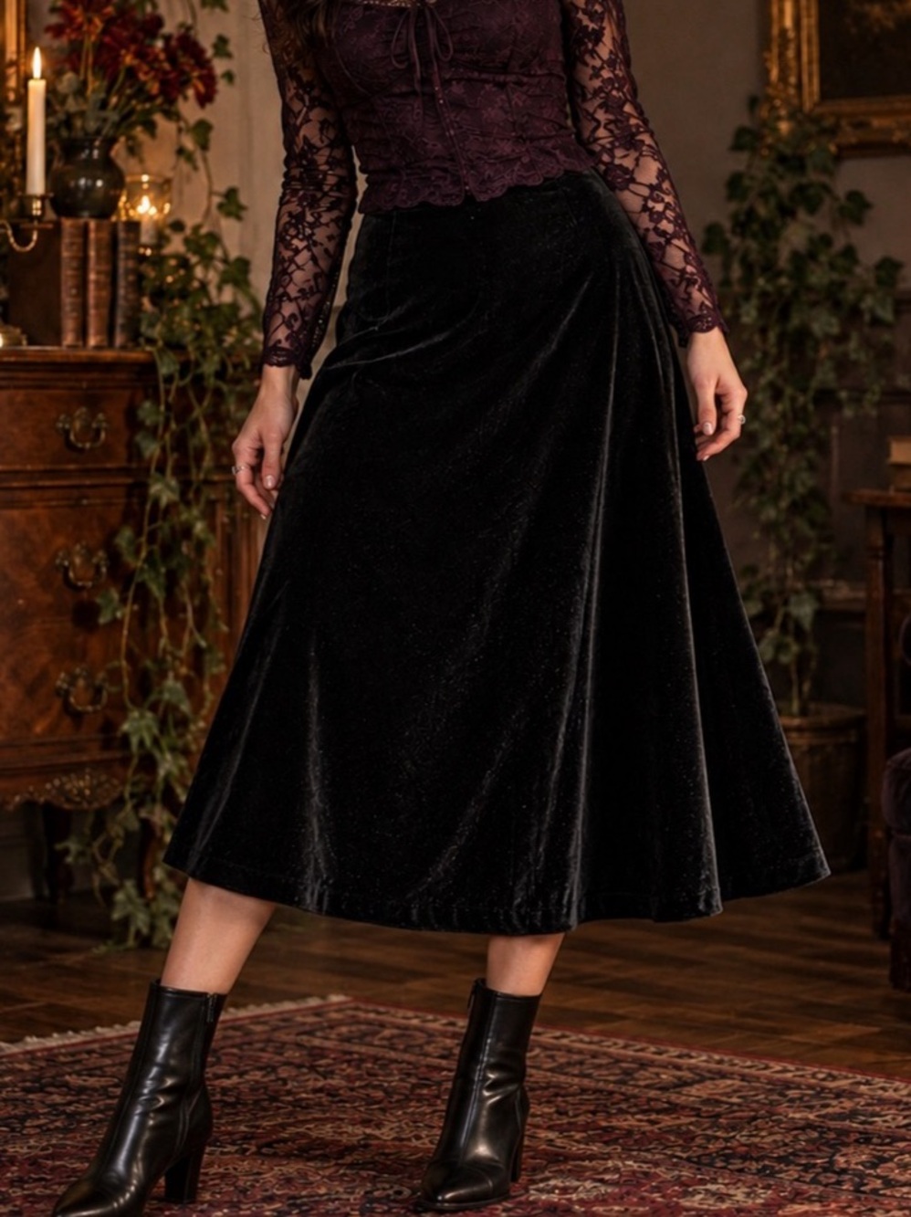 Vintage Reitmans Black Velvet Midi Skirt Size 13 Whimsigoth Fairy Grunge
